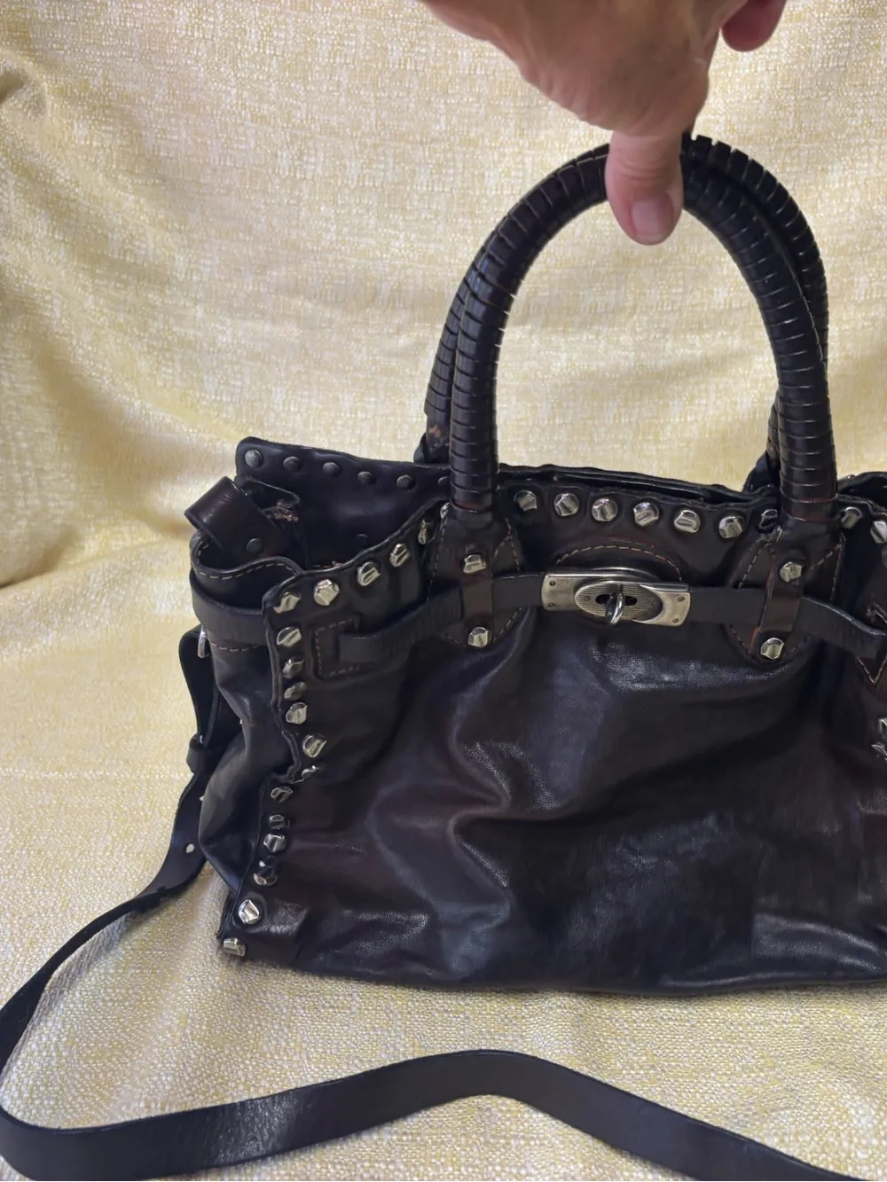 Giorgio Brato Dark Brown Leather Stud-Accent Shoulder Bag with Turn-Lock - Picture 5 of 10